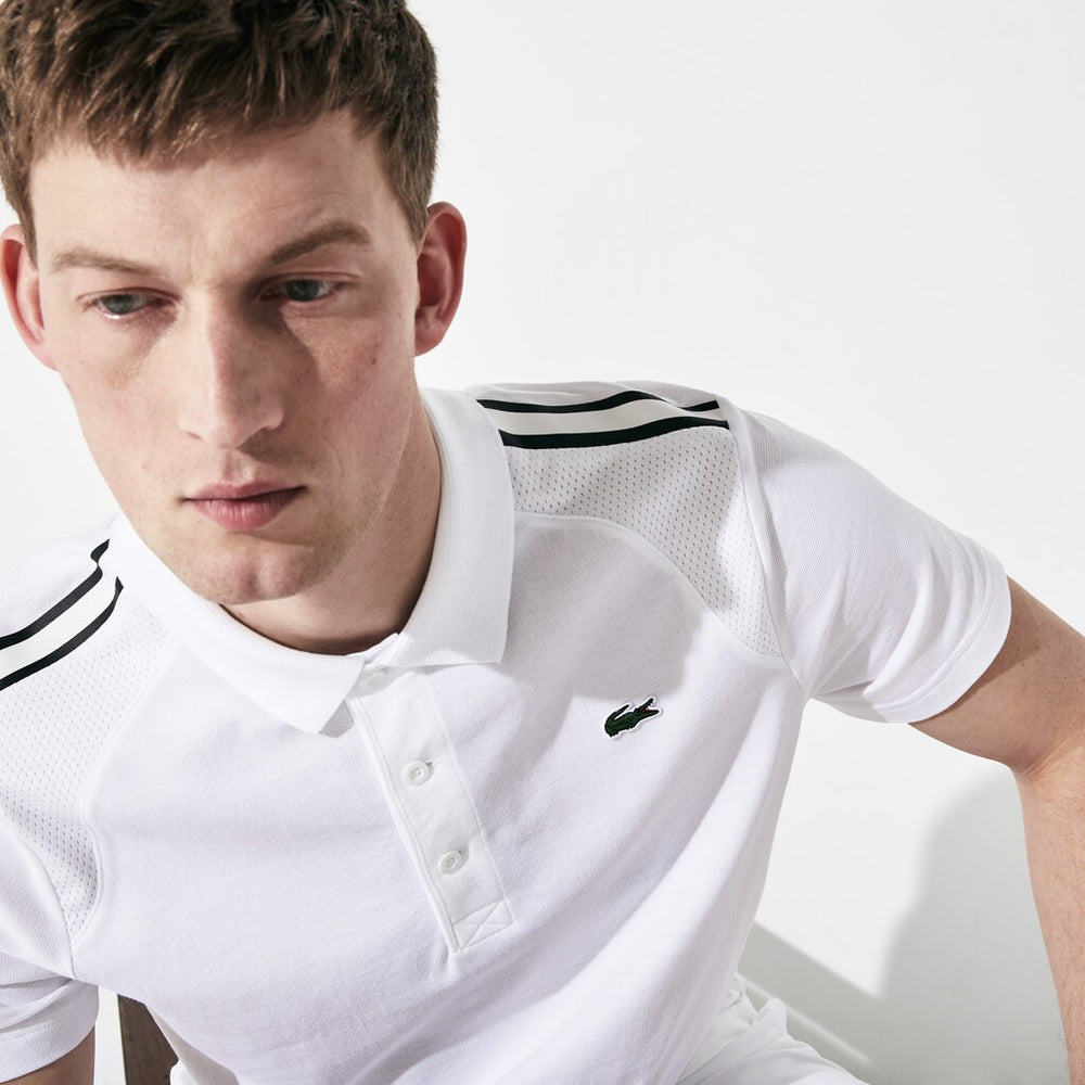 Mens   SPORT Racing Stripe Lightweight Cotton Polo | Lacoste White / Black / White • Bld