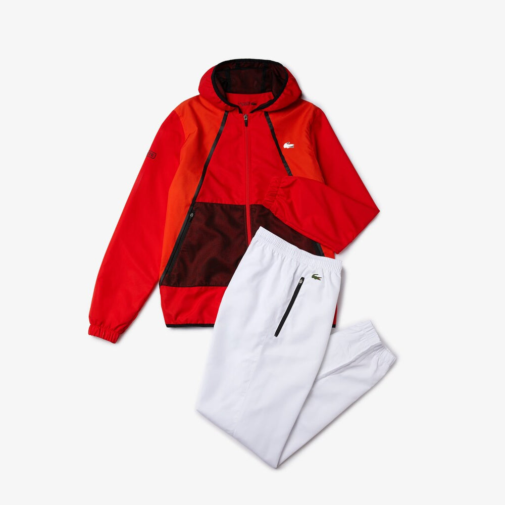 Mens   SPORT Mesh Inset Hooded Colorblock Tracksuit | Lacoste Red / White / Black • Y55