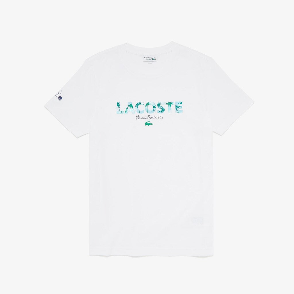 Mens   SPORT Miami Open Print Breathable T-shirt | Lacoste White / Navy Blue • 522