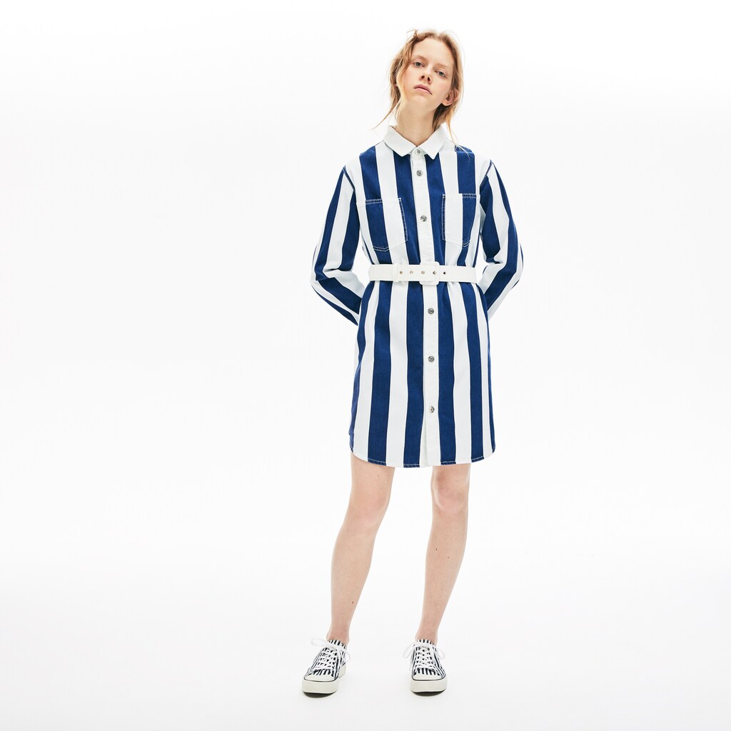 Womens Wo  LIVE Striped Cotton Shirtdress | Lacoste White / Navy Blue • Qsf