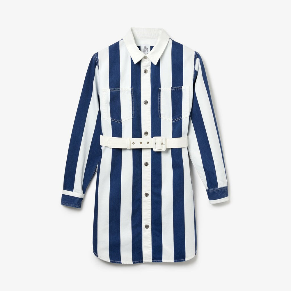 Womens Wo  LIVE Striped Cotton Shirtdress | Lacoste White / Navy Blue • Qsf