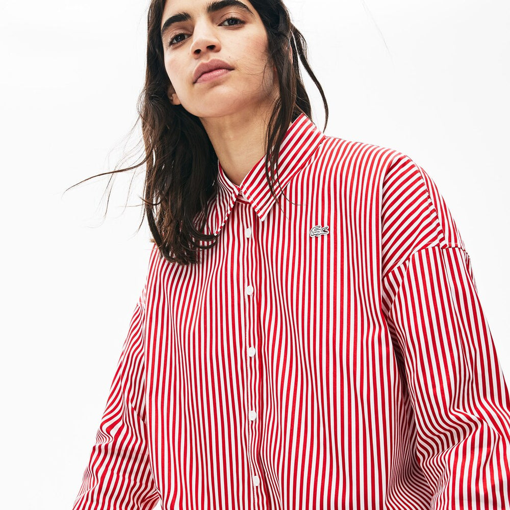 Womens Wo  LIVE Boxy-Fit Striped Cotton Shirt | Lacoste White / Red • Xg4