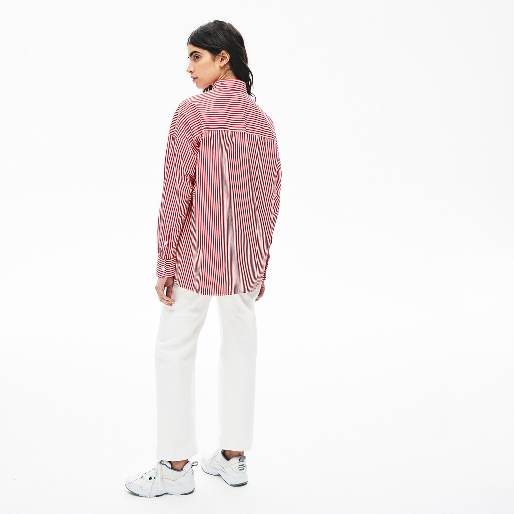 Womens Wo  LIVE Boxy-Fit Striped Cotton Shirt | Lacoste White / Red • Xg4