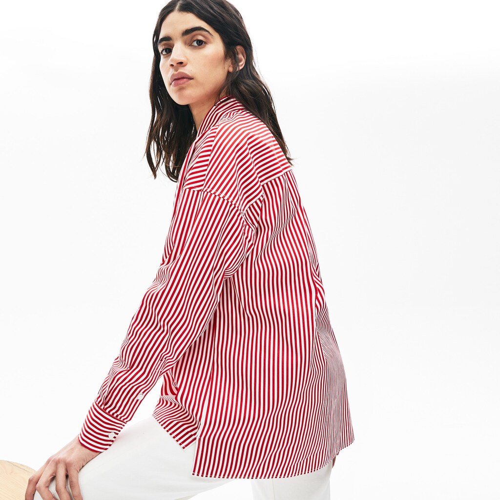 Womens Wo  LIVE Boxy-Fit Striped Cotton Shirt | Lacoste White / Red • Xg4