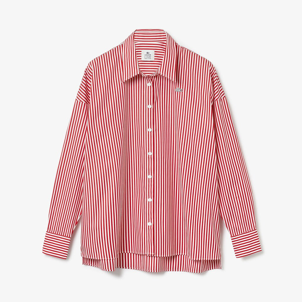 Womens Wo  LIVE Boxy-Fit Striped Cotton Shirt | Lacoste White / Red • Xg4