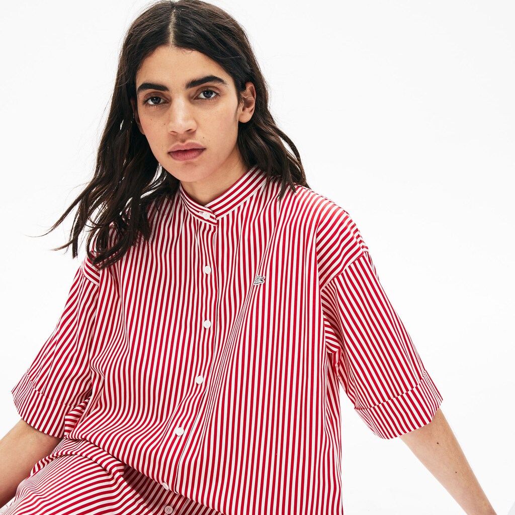 Womens Wo  LIVE Striped Cotton Maxi Dress | Lacoste White / Red • Xg4