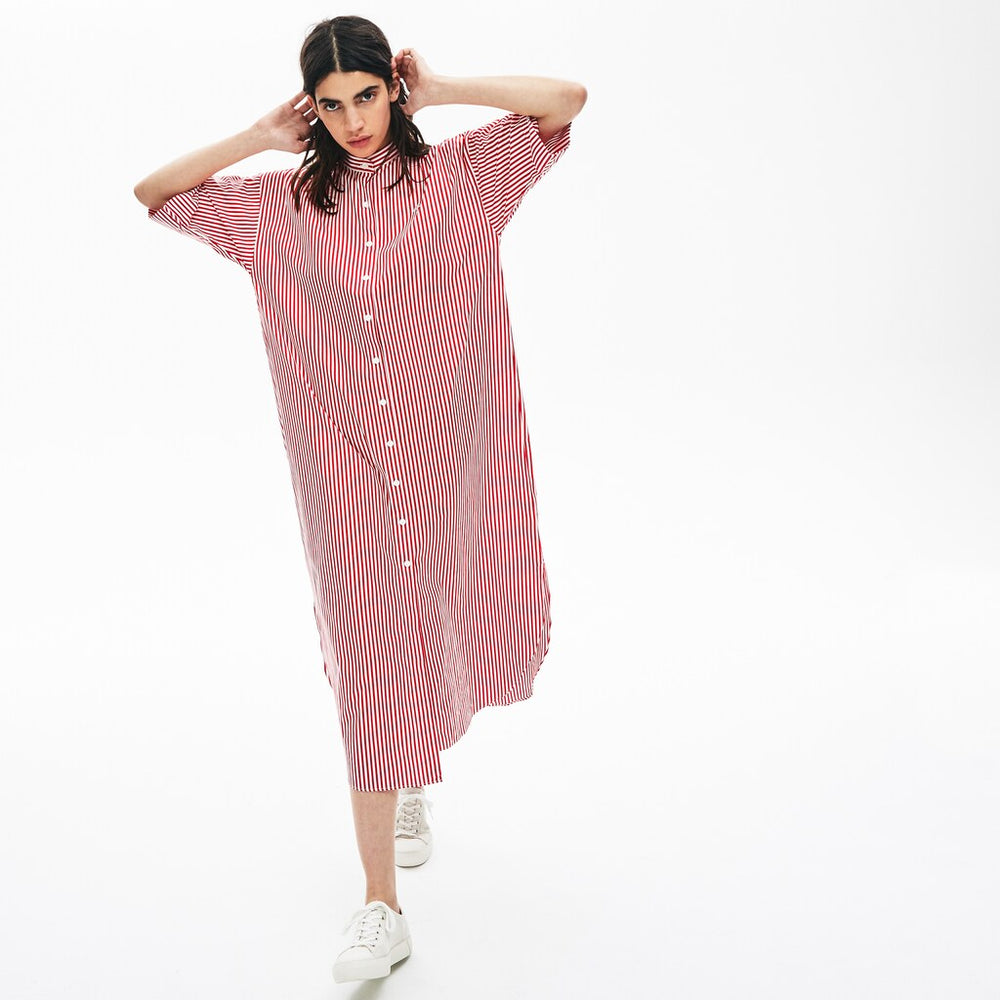 Womens Wo  LIVE Striped Cotton Maxi Dress | Lacoste White / Red • Xg4