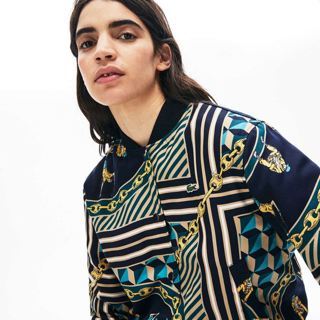 Womens Wo  LIVE Lightweight Scarf-Print Bomber Jacket | Lacoste Navy Blue / White • Qrn