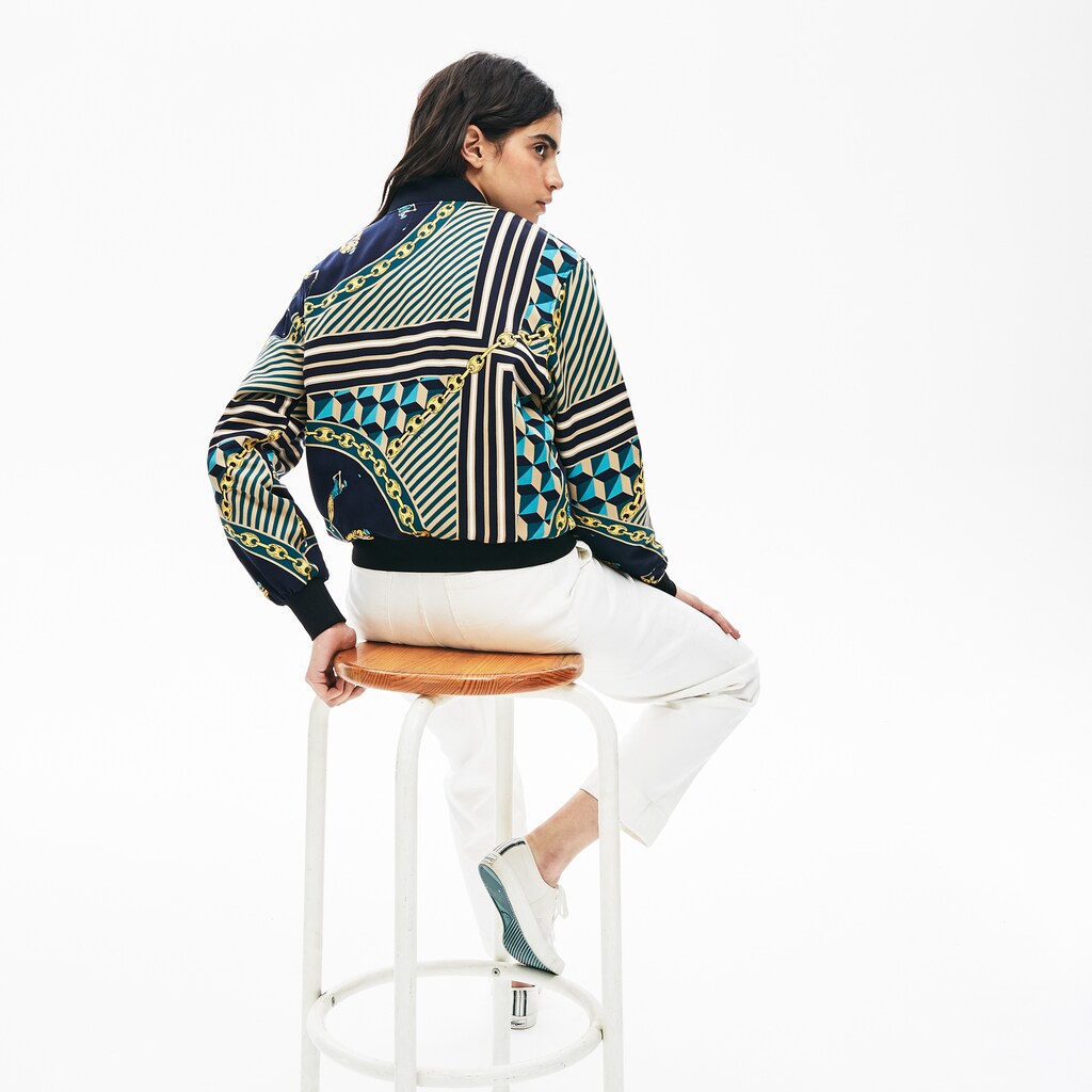 Womens Wo  LIVE Lightweight Scarf-Print Bomber Jacket | Lacoste Navy Blue / White • Qrn
