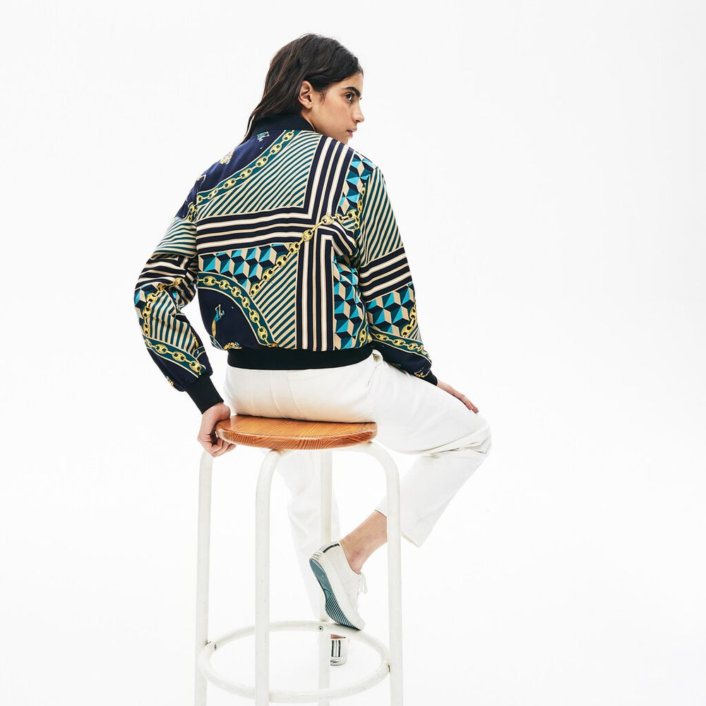 Womens Wo  LIVE Lightweight Scarf-Print Bomber Jacket | Lacoste Navy Blue / White • Qrn