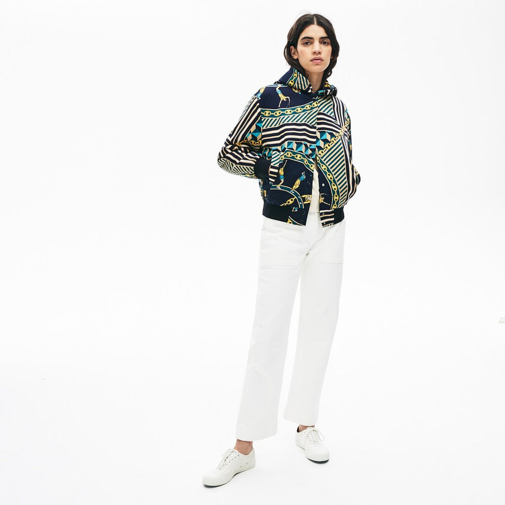 Womens Wo  LIVE Lightweight Scarf-Print Bomber Jacket | Lacoste Navy Blue / White • Qrn
