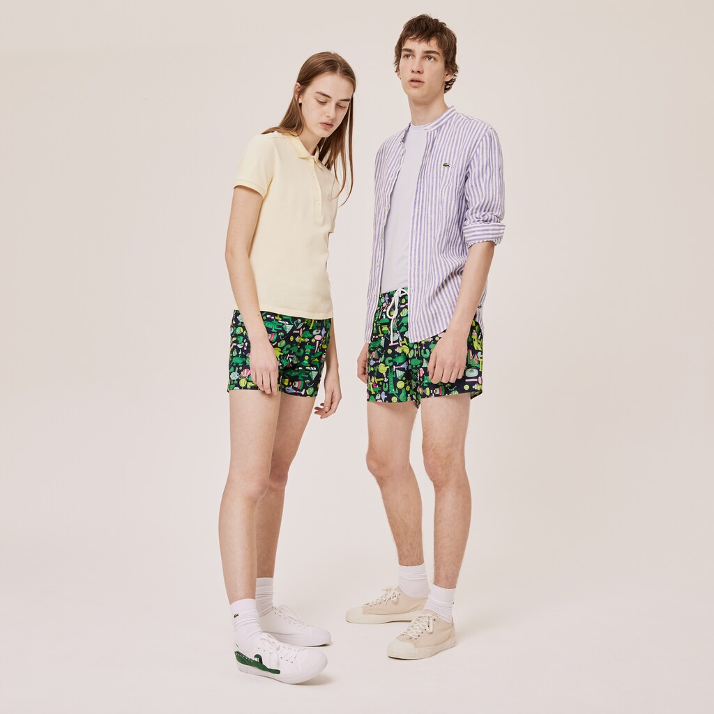 Mens Unisex Lacoste x Jeremyville Light Print Swim Shorts | Lacoste Navy Blue / White • Qrn