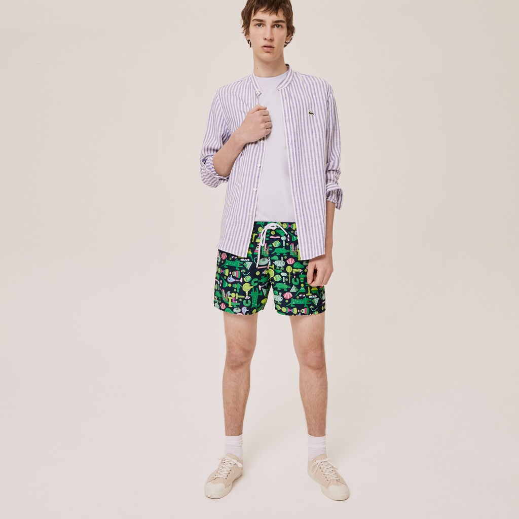 Mens Unisex Lacoste x Jeremyville Light Print Swim Shorts | Lacoste Navy Blue / White • Qrn