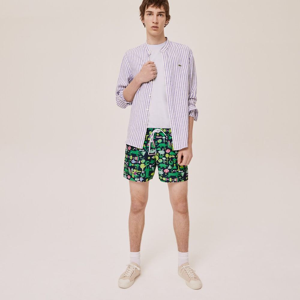 Mens Unisex Lacoste x Jeremyville Light Print Swim Shorts | Lacoste Navy Blue / White • Qrn