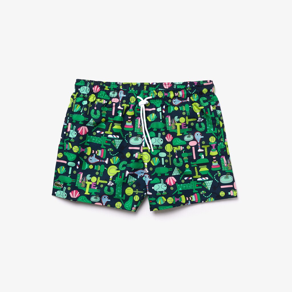 Mens Unisex Lacoste x Jeremyville Light Print Swim Shorts | Lacoste Navy Blue / White • Qrn