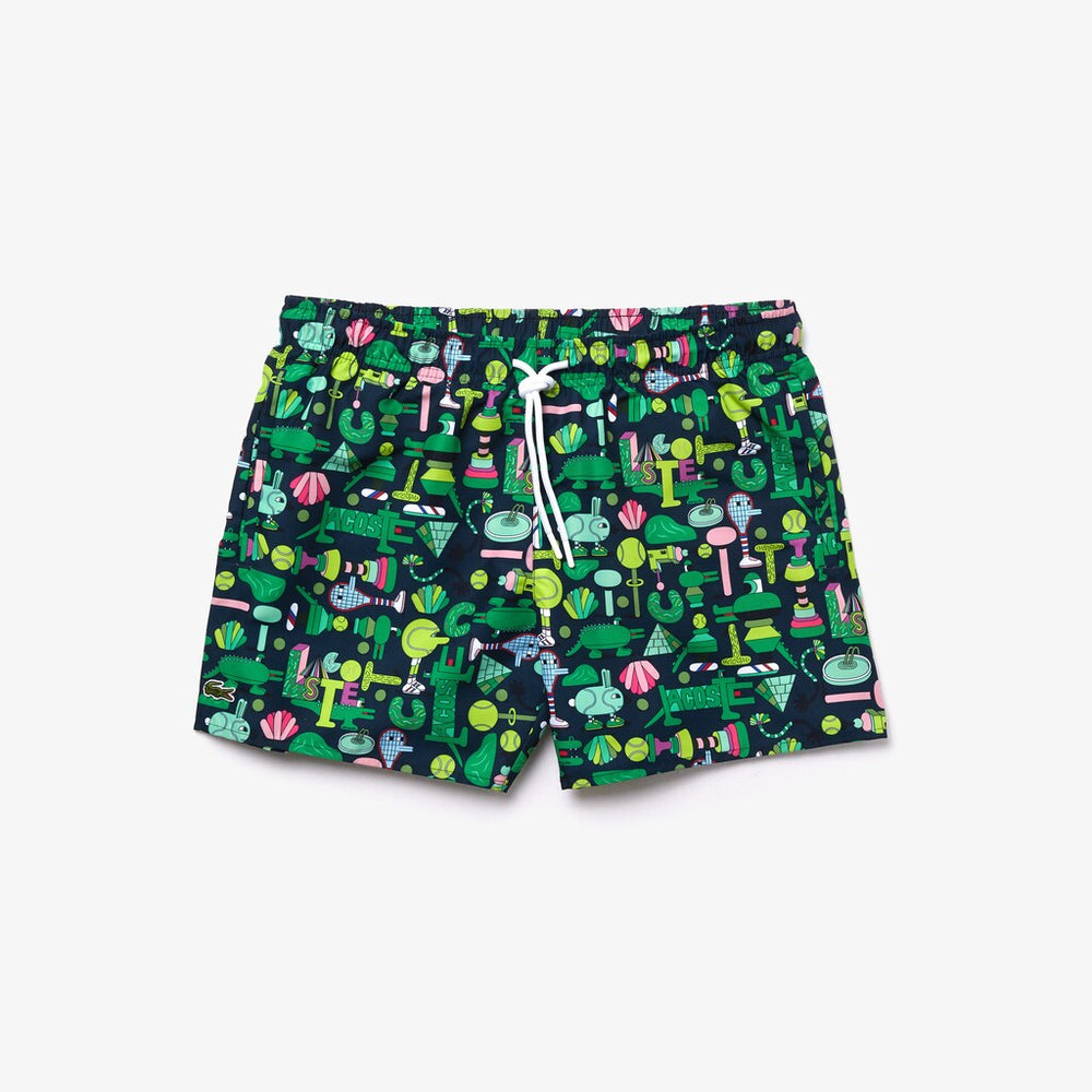 Mens Unisex Lacoste x Jeremyville Light Print Swim Shorts | Lacoste Navy Blue / White • Qrn