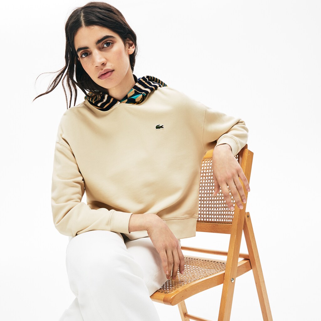 Womens Wo  LIVE Printed-Hood Fleece Sweatshirt | Lacoste Beige / White • Naw