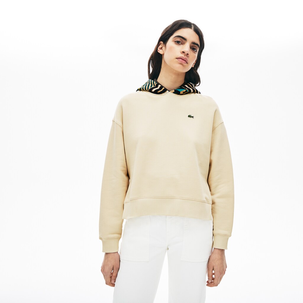 Womens Wo  LIVE Printed-Hood Fleece Sweatshirt | Lacoste Beige / White • Naw