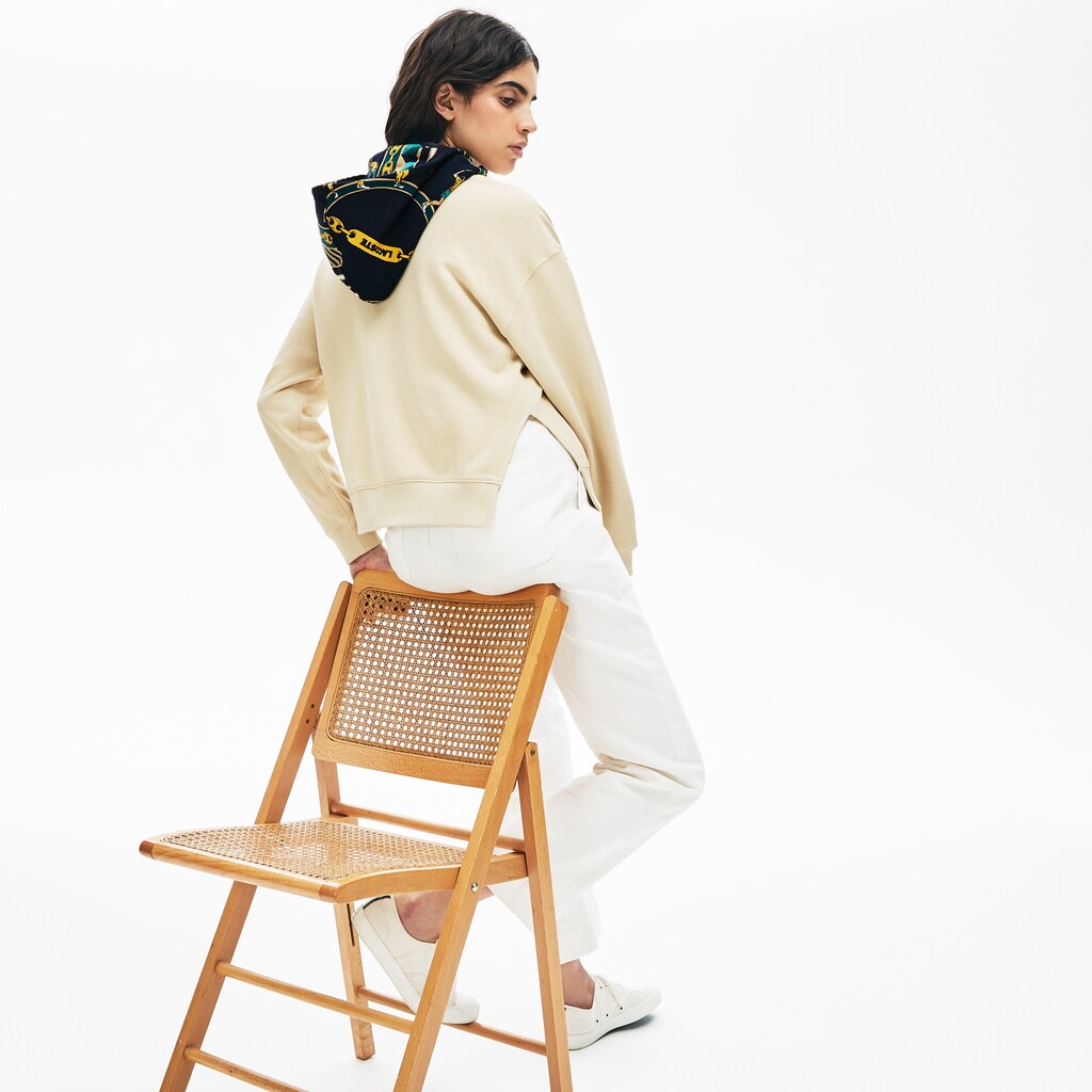 Womens Wo  LIVE Printed-Hood Fleece Sweatshirt | Lacoste Beige / White • Naw