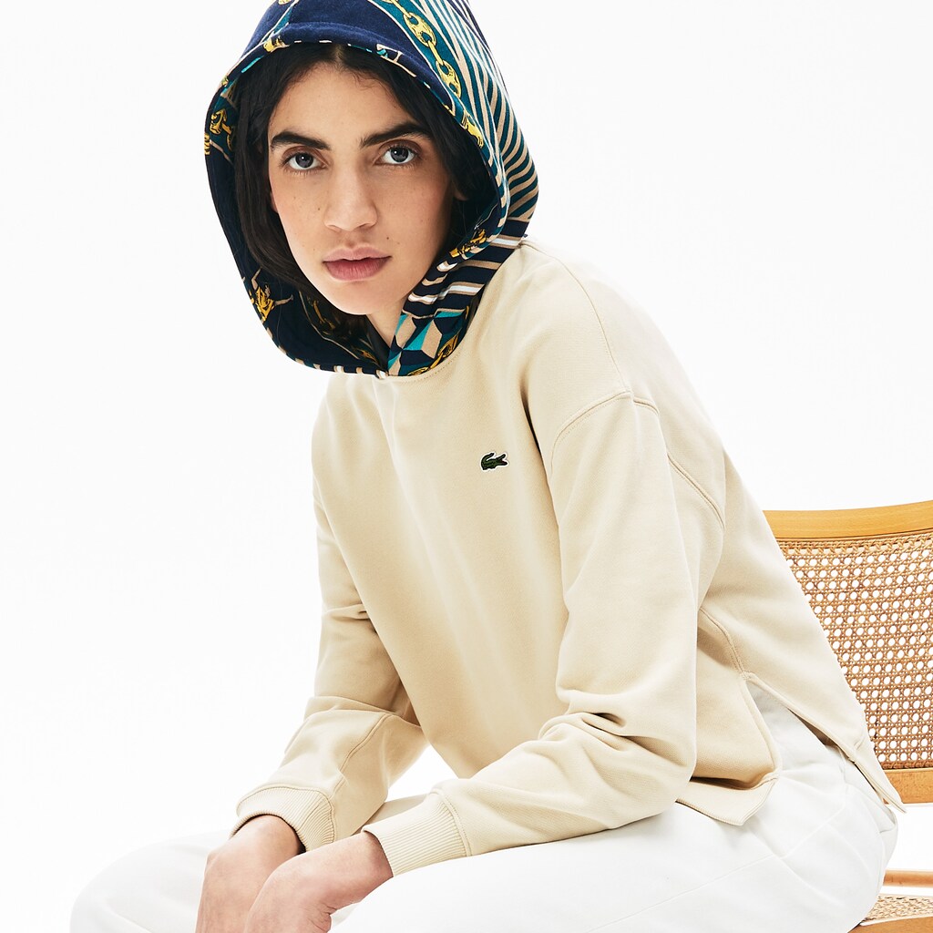 Womens Wo  LIVE Printed-Hood Fleece Sweatshirt | Lacoste Beige / White • Naw