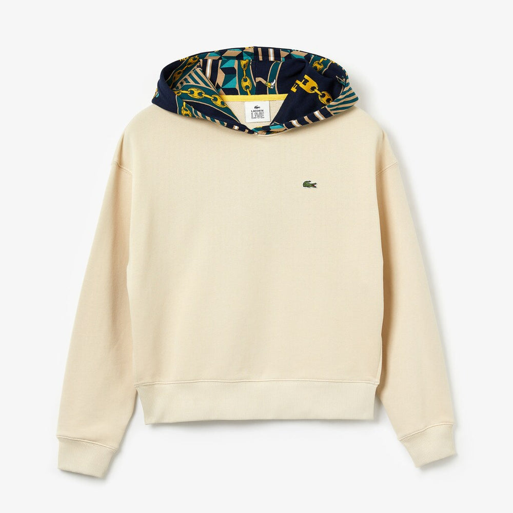 Womens Wo  LIVE Printed-Hood Fleece Sweatshirt | Lacoste Beige / White • Naw
