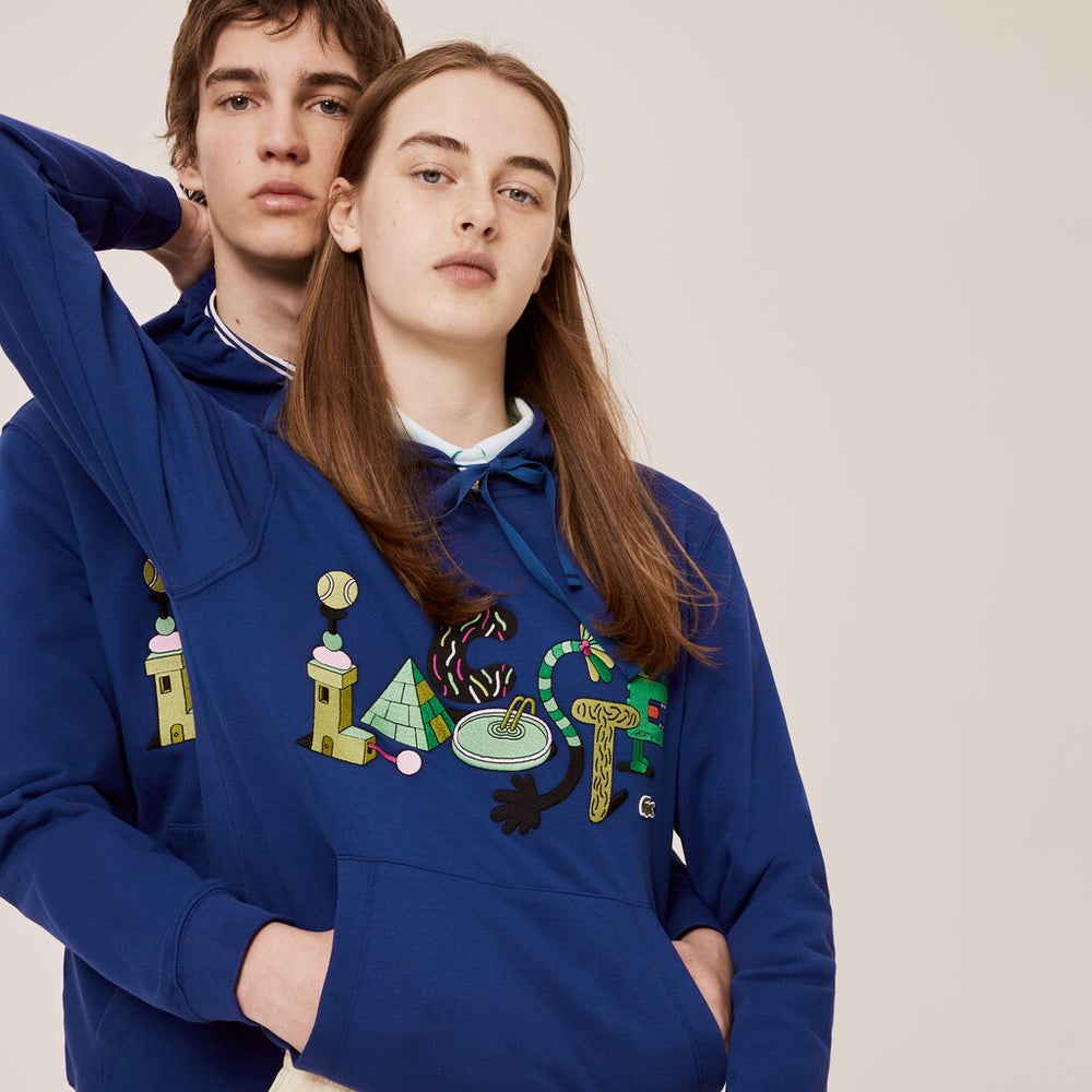 Mens/Womens Unisex Lacoste x Jeremyville Print Hooded Sweatshirt | Lacoste Navy Blue • F9F