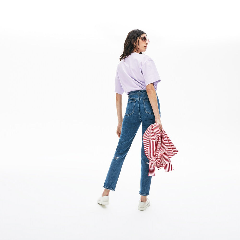 Womens Wo  LIVE High-Rise Washed Cotton Jeans | Lacoste Blue • Ap5