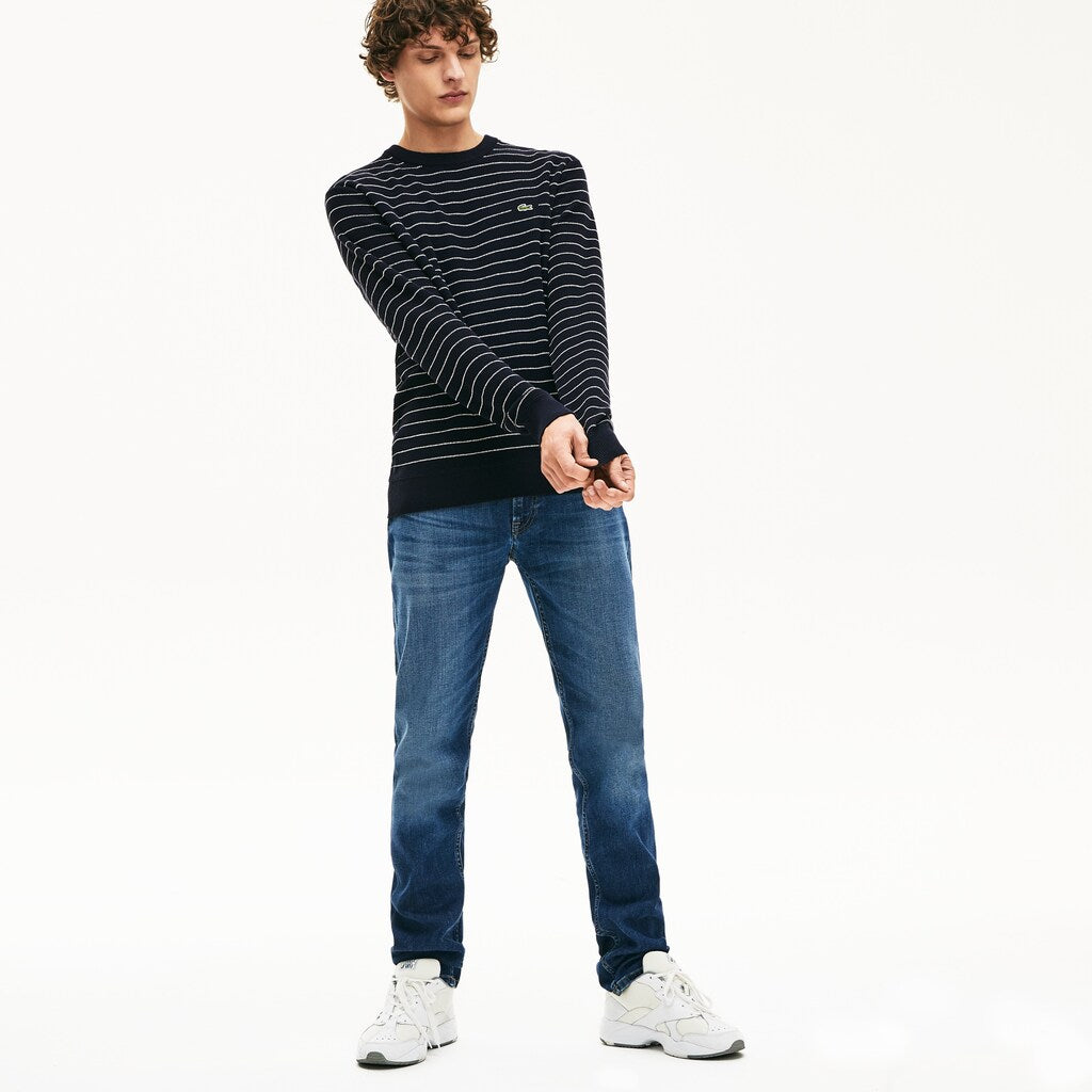 Mens   Striped Textured Cotton Sweater | Lacoste Navy Blue / White • M5C