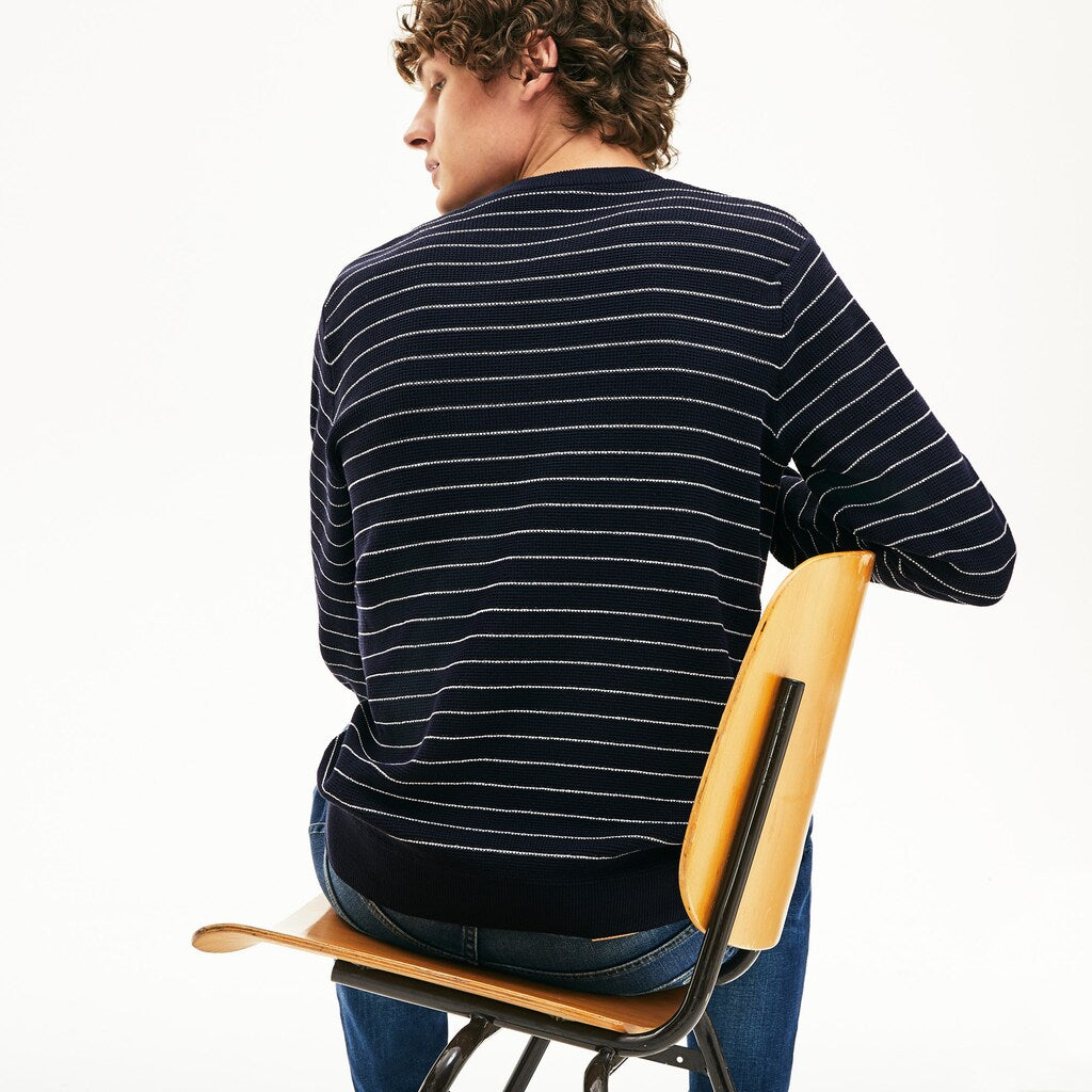 Mens   Striped Textured Cotton Sweater | Lacoste Navy Blue / White • M5C