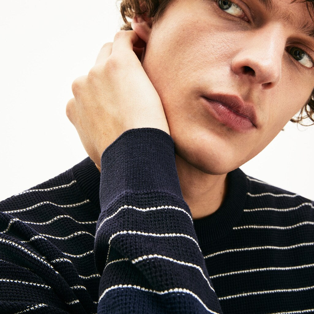 Mens   Striped Textured Cotton Sweater | Lacoste Navy Blue / White • M5C