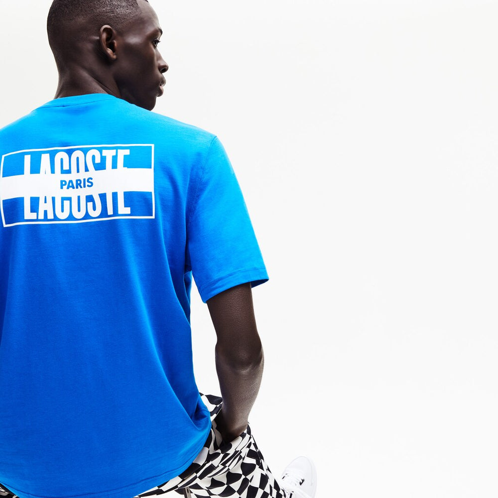 Mens   LIVE Printed-Back Cotton T-Shirt | Lacoste Blue / White • Jfl