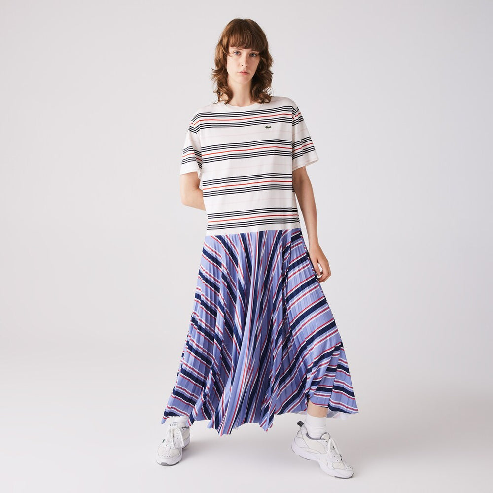 Womens Wo  Dissimilar Striped Pleated Jersey T-shirt Dress | Lacoste Purple / Navy Blue / White / Red / Light Pink • R4K