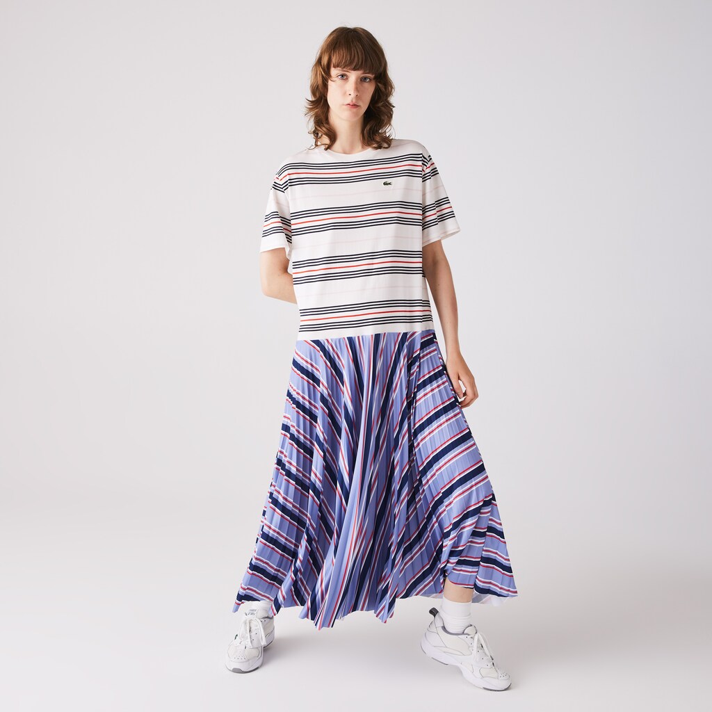 Womens Wo  Dissimilar Striped Pleated Jersey T-shirt Dress | Lacoste Purple / Navy Blue / White / Red / Light Pink • R4K