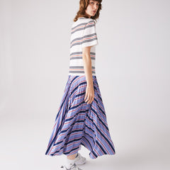 Womens Wo  Dissimilar Striped Pleated Jersey T-shirt Dress | Lacoste Purple / Navy Blue / White / Red / Light Pink • R4K