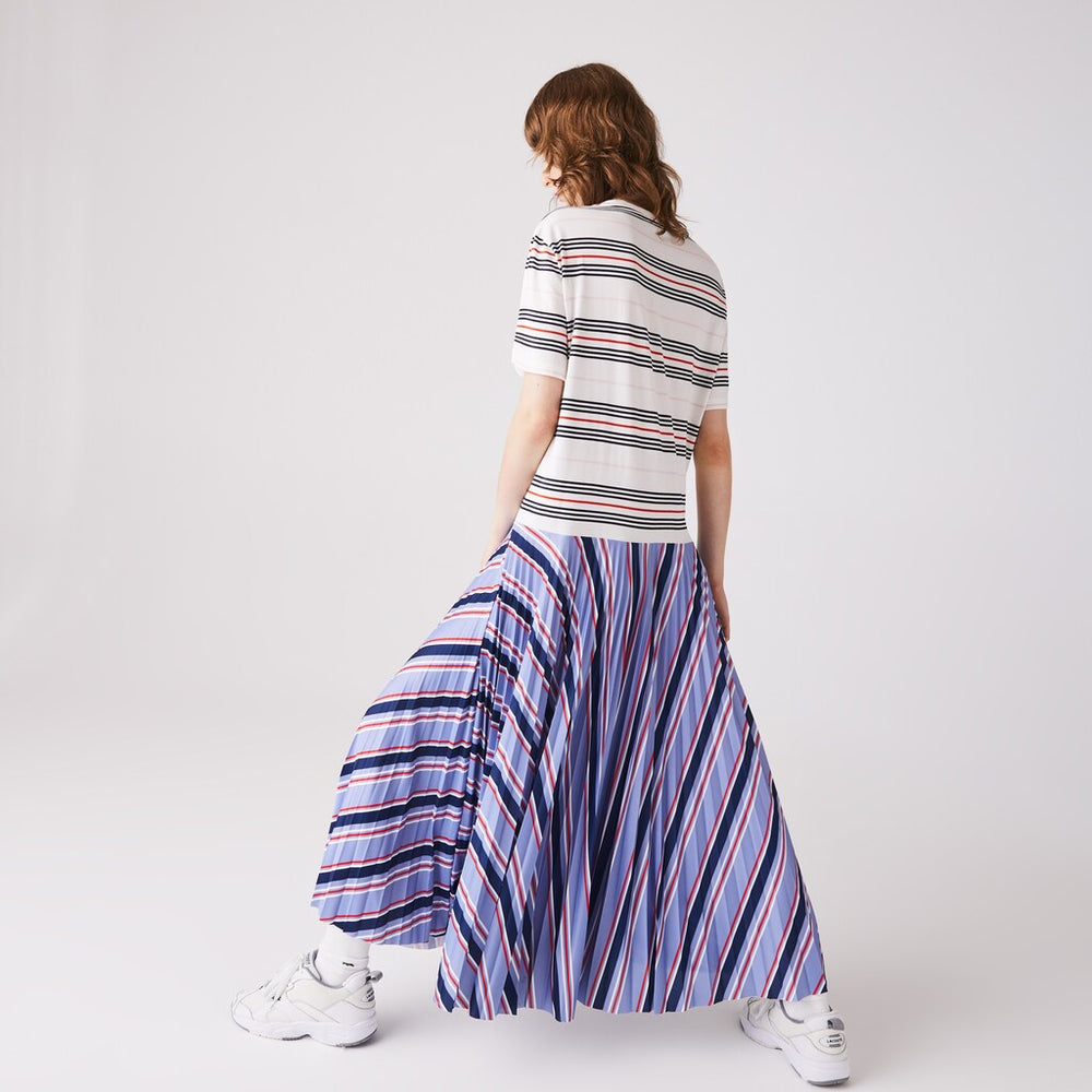 Womens Wo  Dissimilar Striped Pleated Jersey T-shirt Dress | Lacoste Purple / Navy Blue / White / Red / Light Pink • R4K