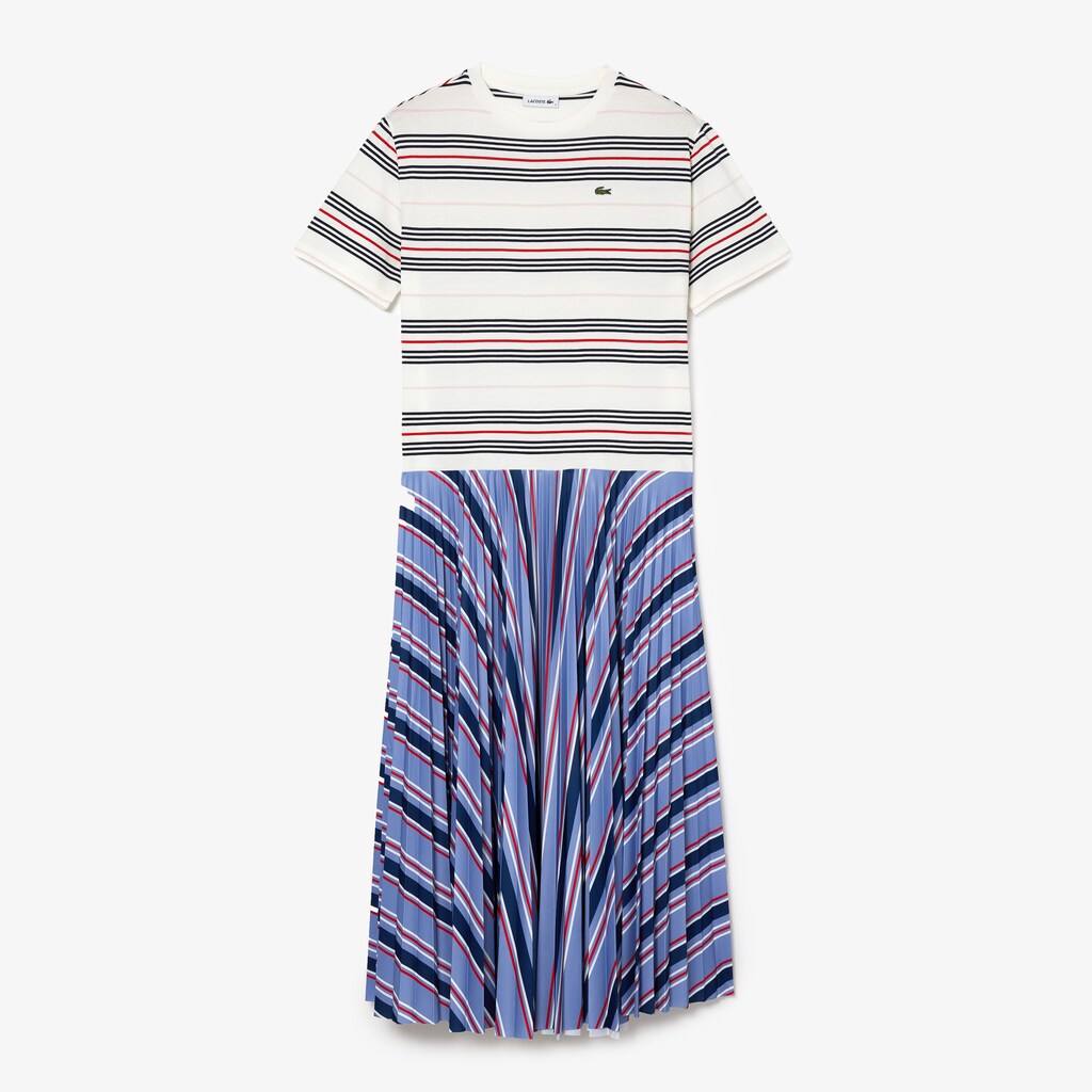 Womens Wo  Dissimilar Striped Pleated Jersey T-shirt Dress | Lacoste Purple / Navy Blue / White / Red / Light Pink • R4K