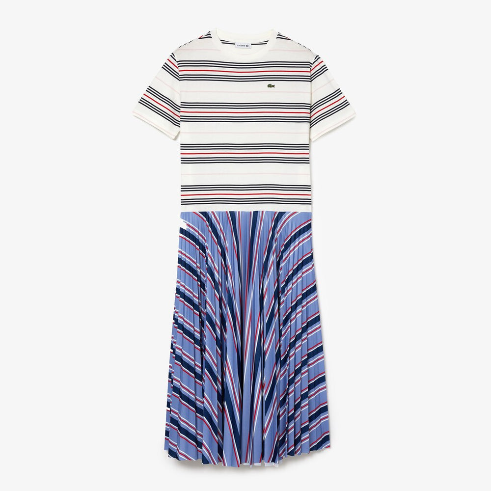 Womens Wo  Dissimilar Striped Pleated Jersey T-shirt Dress | Lacoste Purple / Navy Blue / White / Red / Light Pink • R4K