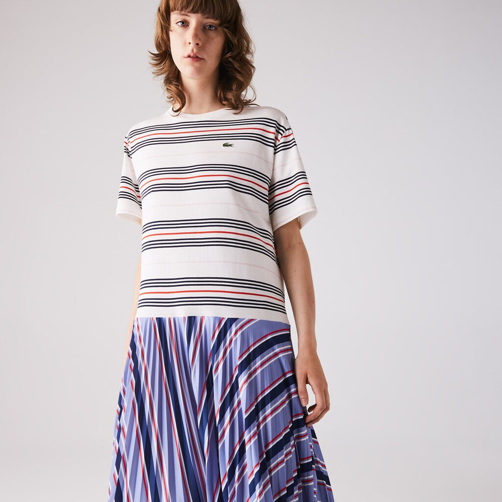 Womens Wo  Dissimilar Striped Pleated Jersey T-shirt Dress | Lacoste Purple / Navy Blue / White / Red / Light Pink • R4K