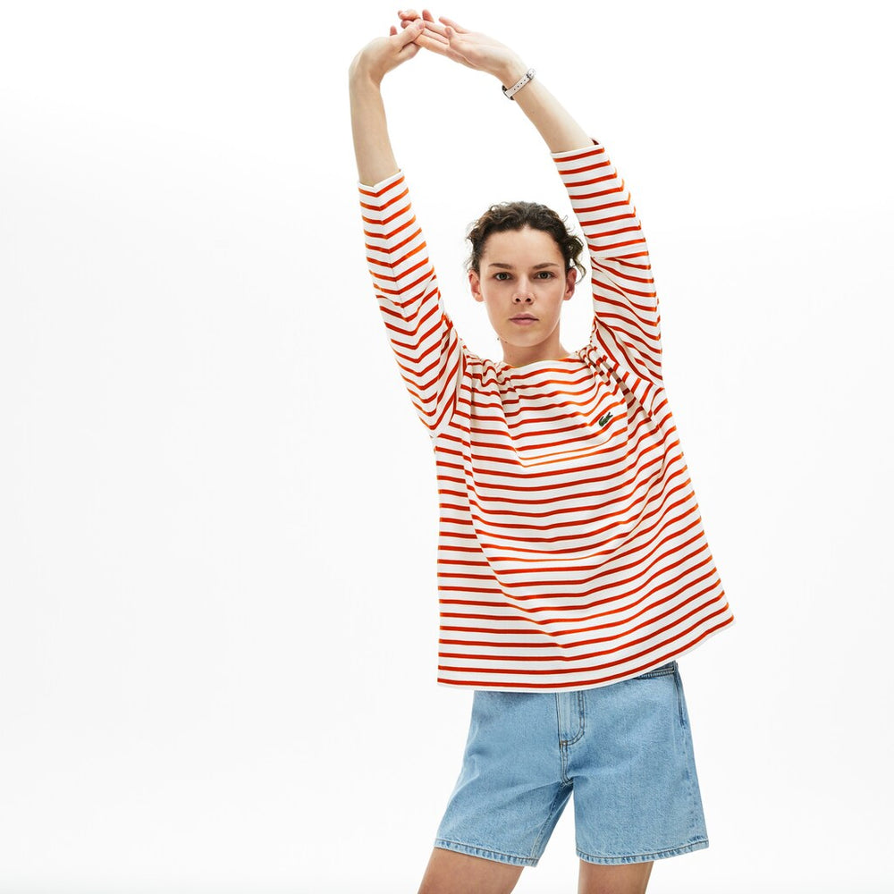 Womens Wo  Cotton Nautical Striped T-Shirt | Lacoste White / Red • Me4