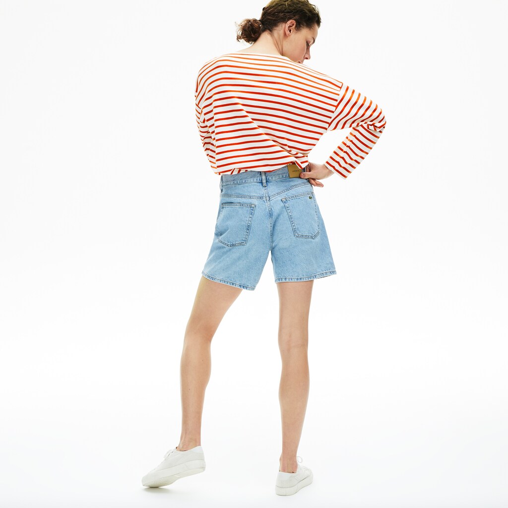 Womens Wo  Cotton Nautical Striped T-Shirt | Lacoste White / Red • Me4