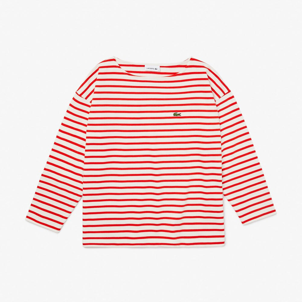 Womens Wo  Cotton Nautical Striped T-Shirt | Lacoste White / Red • Me4