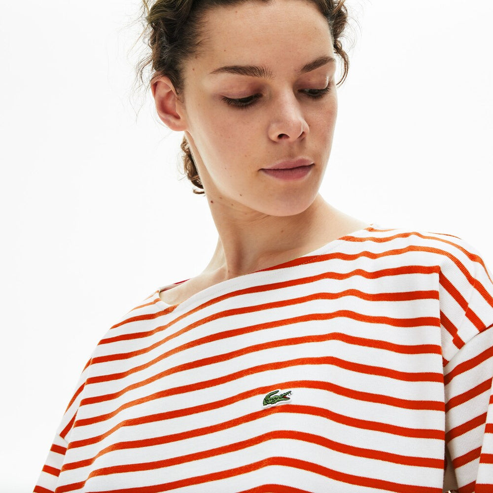 Womens Wo  Cotton Nautical Striped T-Shirt | Lacoste White / Red • Me4