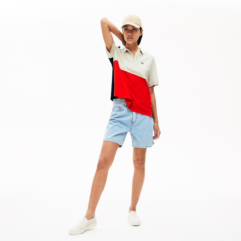 Womens Wo  Relaxed-Fit Lightweight Color-Block Piqué Polo | Lacoste Red / Beige / Navy Blue • Huk