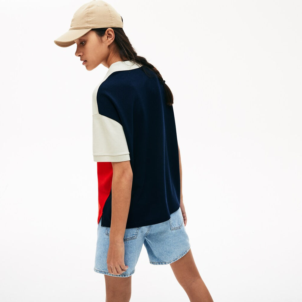 Womens Wo  Relaxed-Fit Lightweight Color-Block Piqué Polo | Lacoste Red / Beige / Navy Blue • Huk