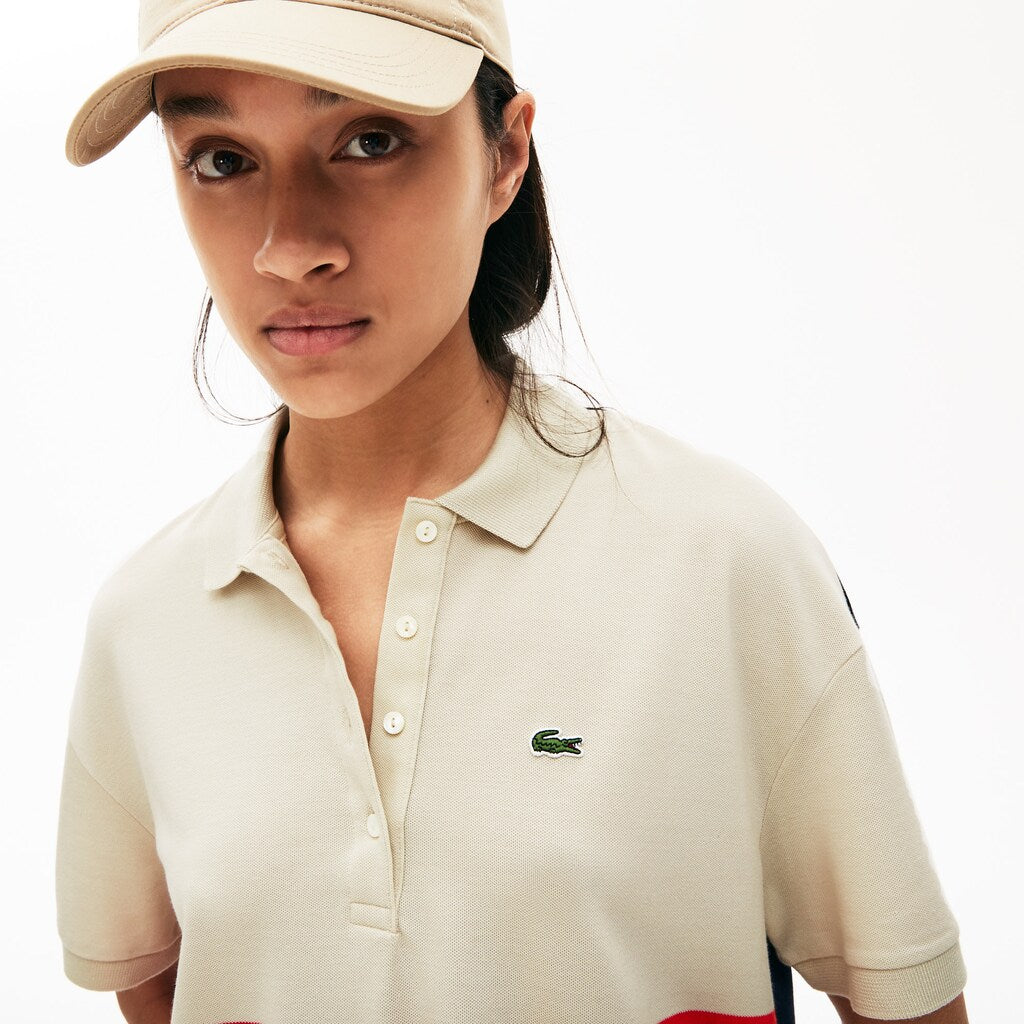 Womens Wo  Relaxed-Fit Lightweight Color-Block Piqué Polo | Lacoste Red / Beige / Navy Blue • Huk