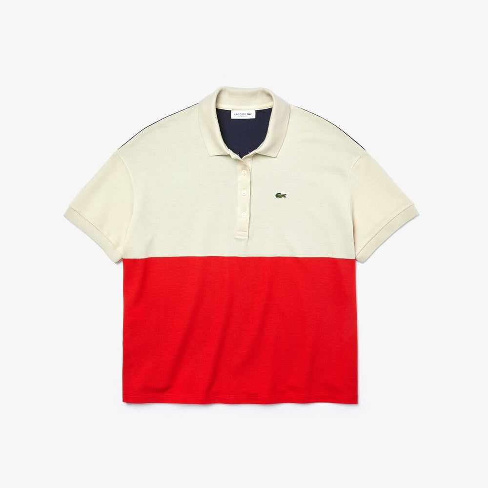 Womens Wo  Relaxed-Fit Lightweight Color-Block Piqué Polo | Lacoste Red / Beige / Navy Blue • Huk
