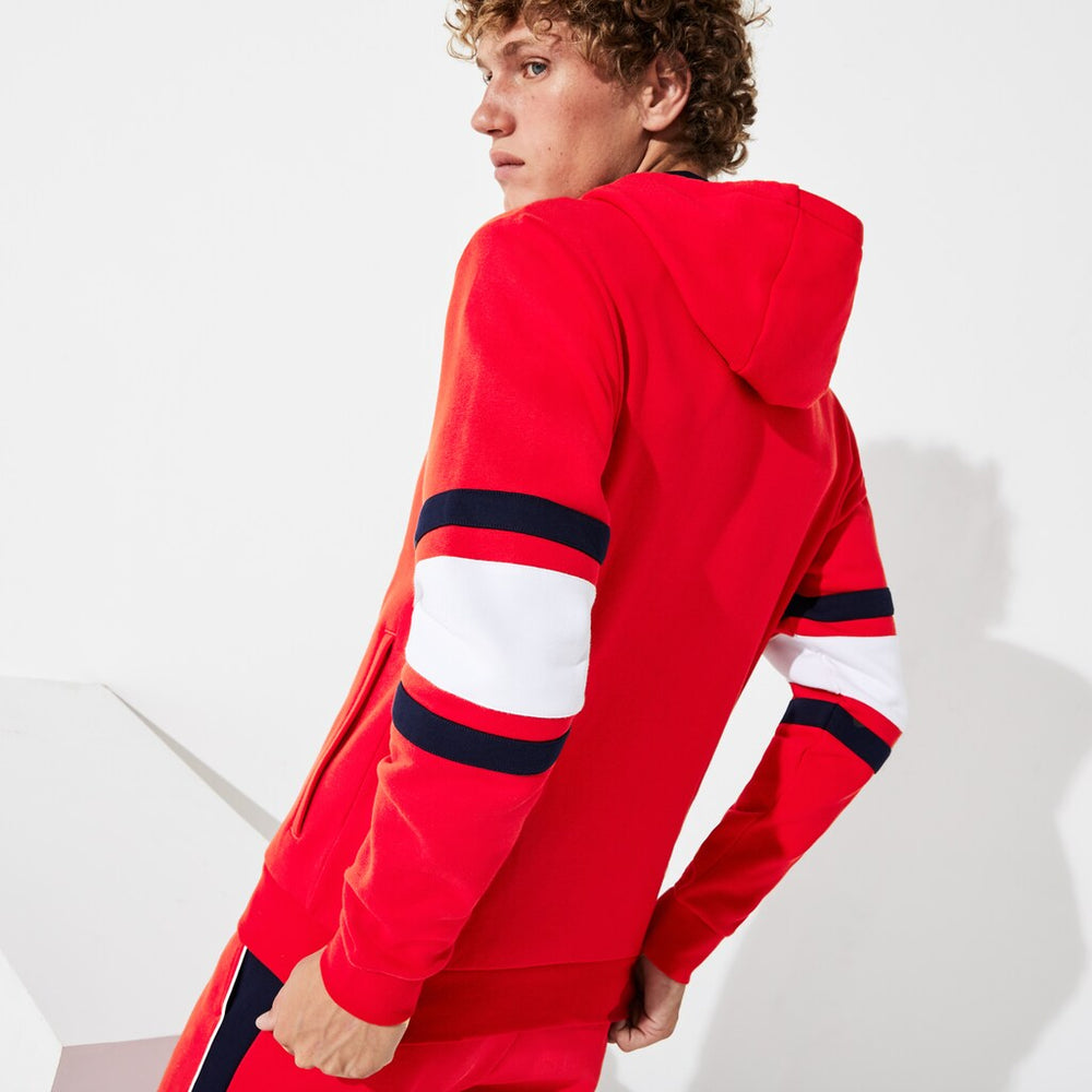 Mens   SPORT Striped-Sleeve Hooded Zip Sweatshirt | Lacoste Red / White / Navy Blue • 1Mq