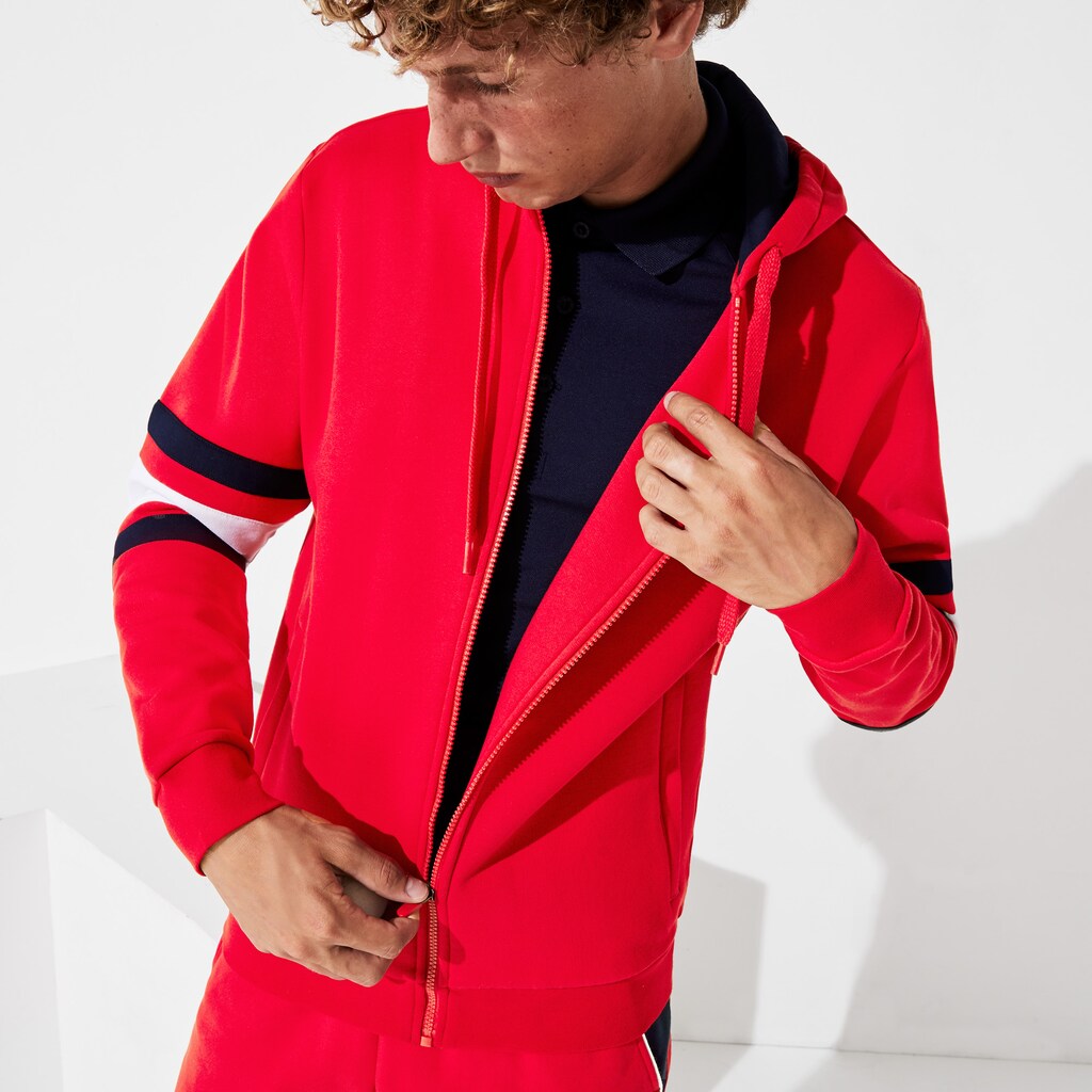 Mens   SPORT Striped-Sleeve Hooded Zip Sweatshirt | Lacoste Red / White / Navy Blue • 1Mq