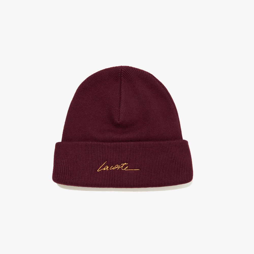 Mens Unisex LIVE Signature Embroidered Cashmere-Blend Beanie | Lacoste Bordeaux • F8J