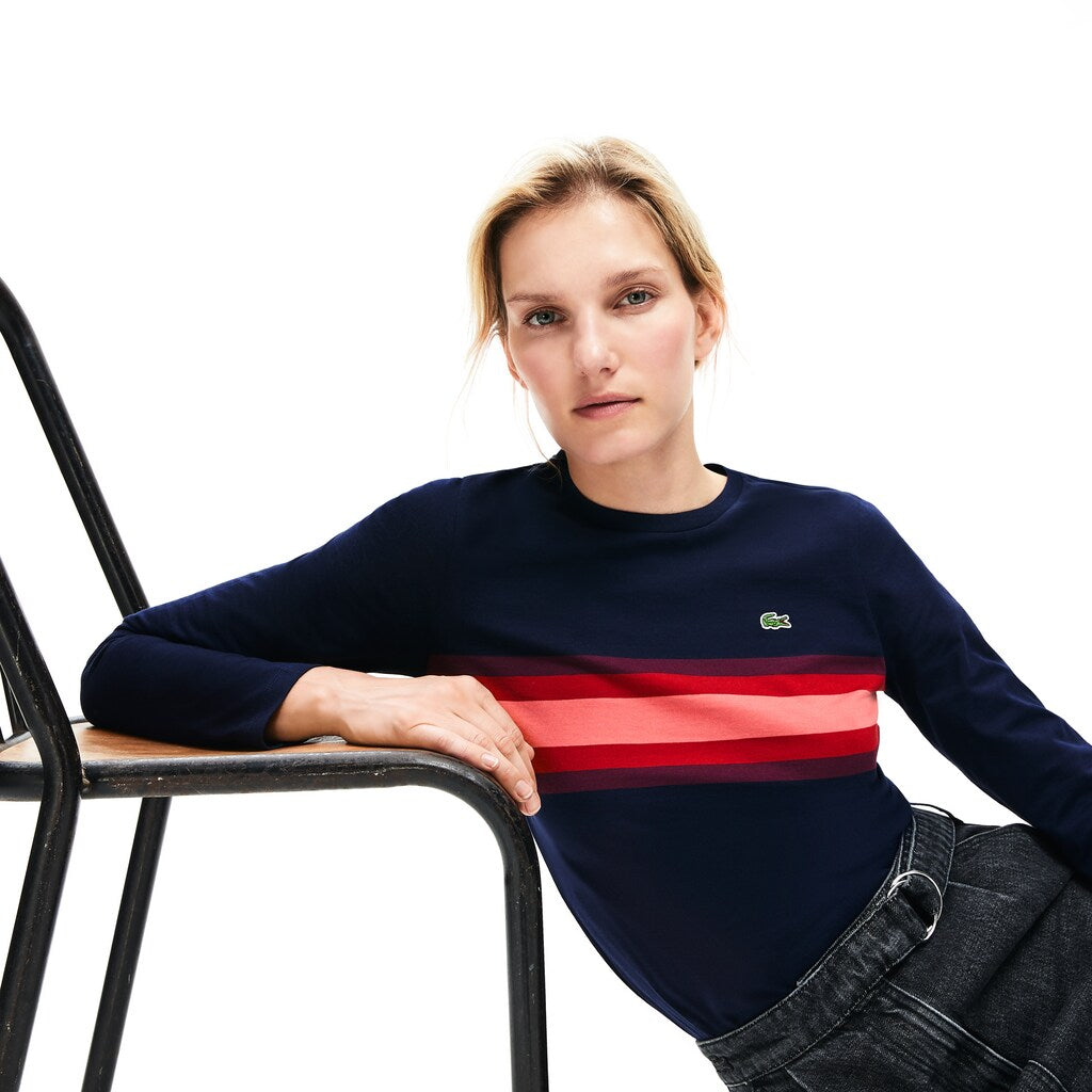Womens Wo  Long Sleeve Multicolor Stripe T-Shirt | Lacoste Navy Blue / Bordeaux / Pink • 0Ve